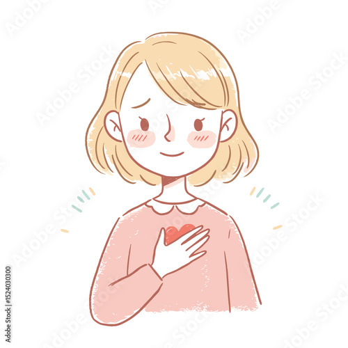 young girl placing her hand on her heart with a gentle smile, expressing gratitude and warmth in a cheerful manner