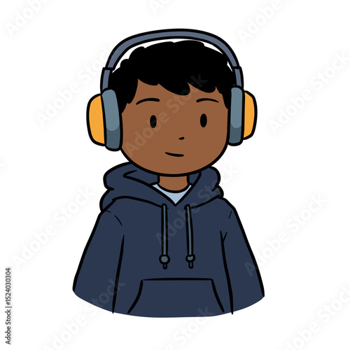young boy wearing headphones and a hoodie with a relaxed expression in a casual style