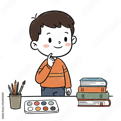 young boy standing next to a stack of books and art supplies with a thoughtful expression in a creative environment 