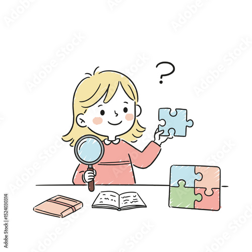 Young girl holding a puzzle piece, magnifying glass in hand, curious and thoughtful