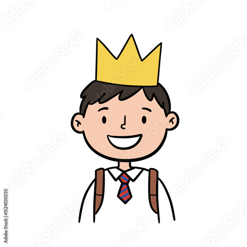 cheerful young boy wearing a paper crown and a backpack, smiling proudly in a playful and festive atmosphere