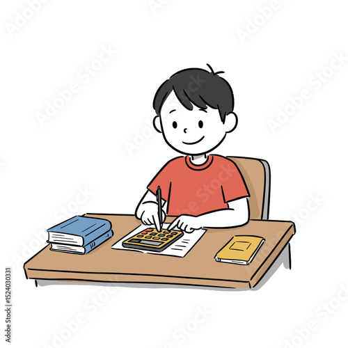 young boy engaged in studying and working with a pencil on a desk full of books and materials in a focused manner 