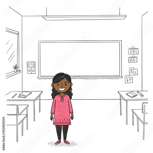 smiling young girl standing confidently in a classroom environment with a bright expression in a casual setting