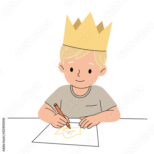 young boy wearing a paper crown and drawing happily on a sheet of paper in a playful and creative environment