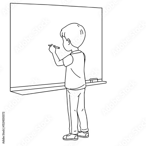young boy writing on a blank blackboard with a focused expression in a classroom setting