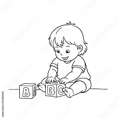 young child playing with alphabet blocks on the floor with a joyful expression in a playful environment 
