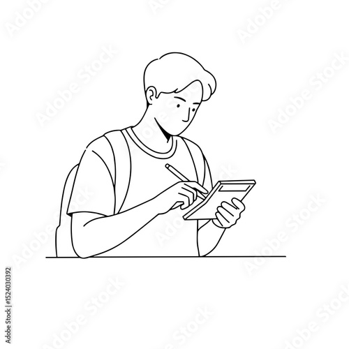 Young man studying, writing notes on a tablet, focused and engaged