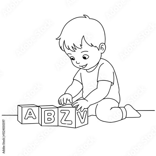 Young boy playing with alphabet blocks, focused and happy