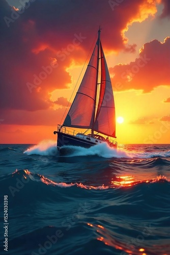 A triumphant sailboat slicing through turquoise waves under a vibrant sunset, embodying the spirit of conquering the ocean , sky, golden