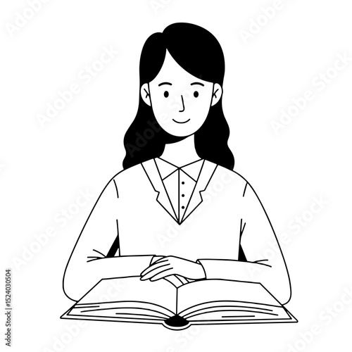 young woman sitting at a table with an open book and smiling in a relaxed and studious manner