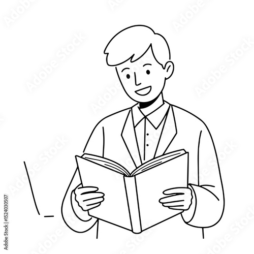 cheerful young man holding an open book and smiling while engaged in reading in a casual yet professional setting 