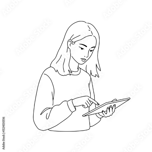 young woman using a tablet and focusing on the screen in a thoughtful manner