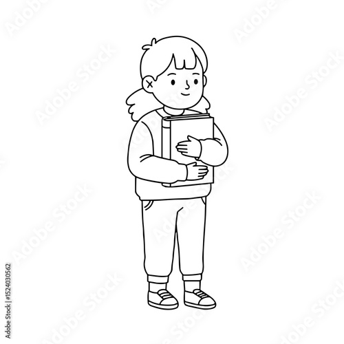 young girl holding a book and standing confidently in a casual outfit