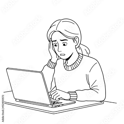 Young woman looking stressed, working on a laptop, feeling overwhelmed