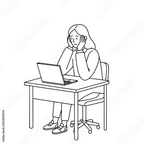 young woman sitting at a desk with a laptop looking stressed or overwhelmed in a study environment
