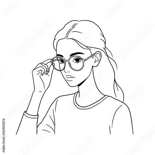 young woman adjusting her glasses with a confident expression in a casual style
