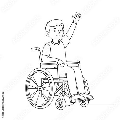 smiling boy in a wheelchair waving his hand with a friendly expression in an inclusive atmosphere