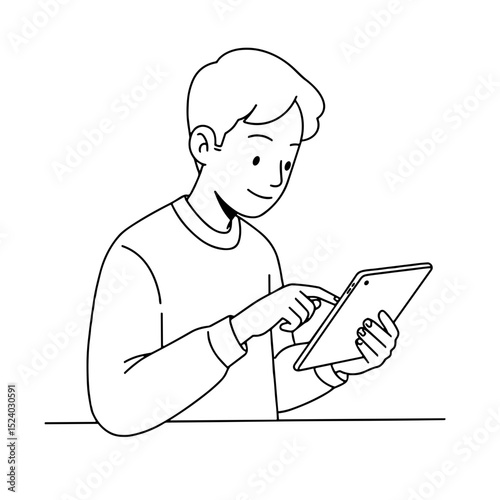 young boy interacting with a tablet and smiling while focused on the screen in a casual environment