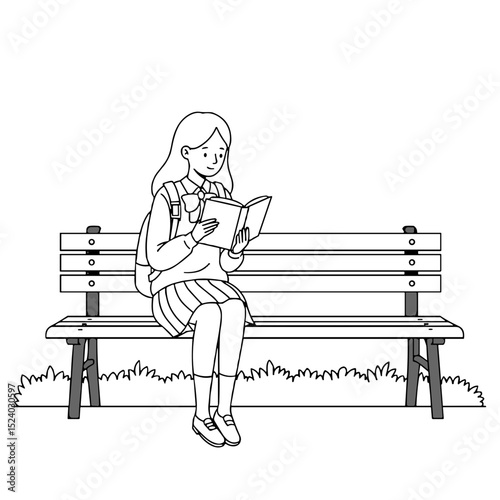 girl sitting on a bench reading a book in a serene park setting