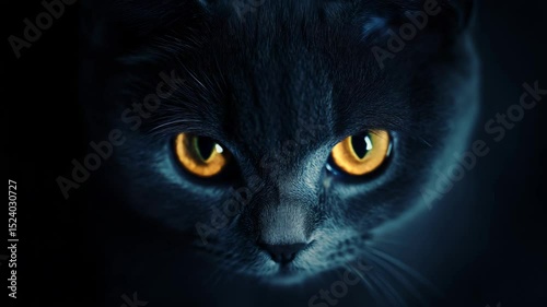 Close-up of a mysterious cat with glowing amber eyes in the dark ambiance