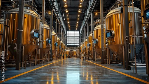 A modern brewery with rows of stainless steel fermentation tanks