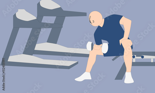 Man in fitness center lifting barbell Man running on treadmill Fitness equipment in fitness center