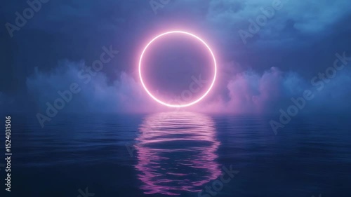 Glowing pink neon circle hovering over water with mystical fog atmosphere