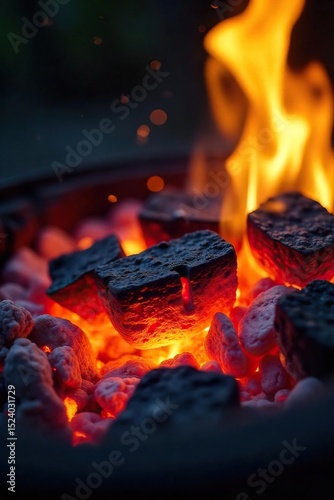 Close-up of vibrant, flickering grill flames dancing on burning charcoal, creating a warm, inviting ambiance perfect for outdoor cooking , background, yellow