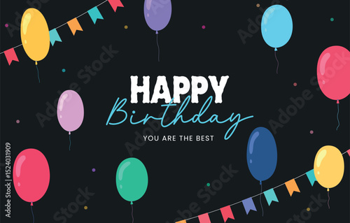 Festive happy birthday background with colorful balloons, confetti, and bunting flags on black. Perfect for greeting cards, invitations, party banners, or social media posts.

