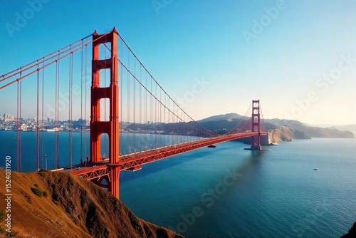 Iconic Golden Gate Bridge spanning the bay, bathed in sunlight, with vibrant orange against a clear blue sky A breathtaking view of San Francisco's landmark , towers, pillars