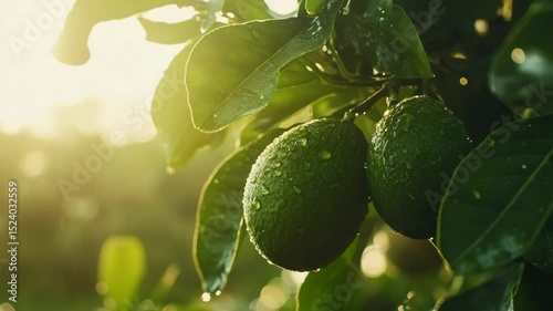 Green avocados with water droplets hanging on tree in sunny garden