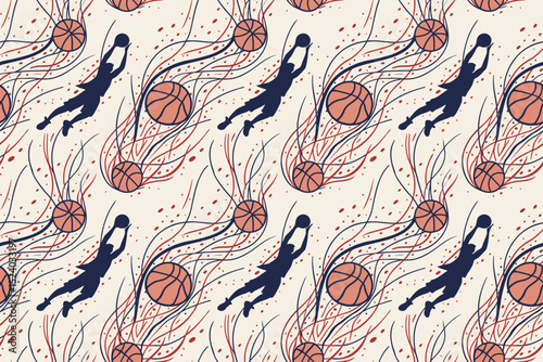 Basketball pattern with silhouette players and flowing lines  