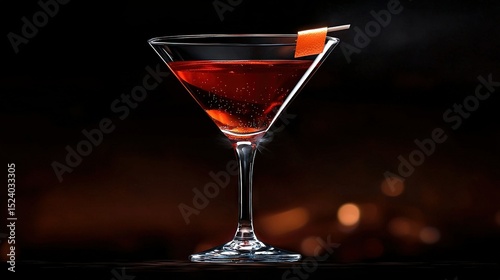   A zoomed-in photo of a beverage in a stemmed goblet, featuring a toothpick protruding from its rim
