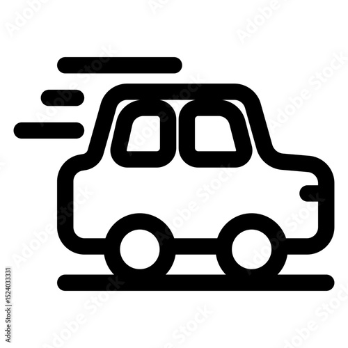 Car is speeding down the road. The car is black and white. The car is moving fast