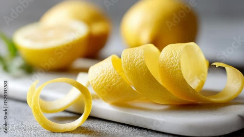 Lemons with curled peel display fresh citrus elegance on marble surface