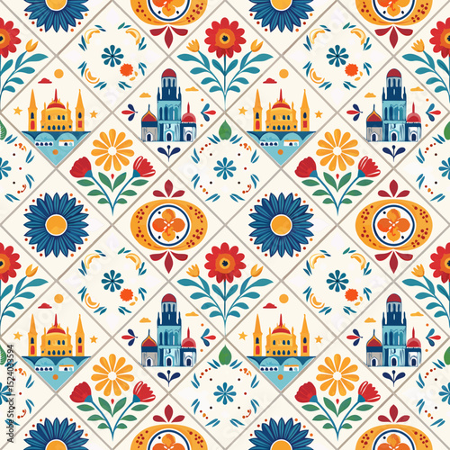 Colorful patterned tiles featuring flowers and buildings in folk style  