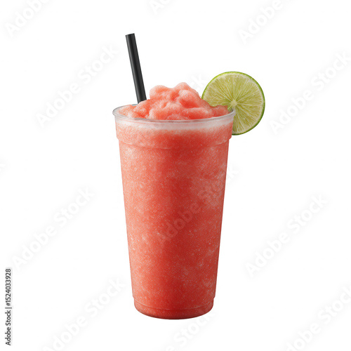 Refreshing frozen drink with a vibrant pink hue, topped with crushed ice, a lime wedge, and a straw. Perfect for cooling off on a warm day.