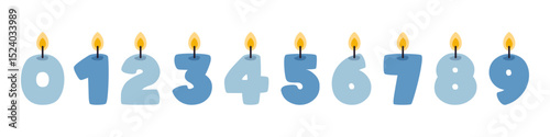 Vector set of funny blue numbers candles. Cute candles shaped like numbers. Collection of burning birthday cake candles. Age year candles for baby boy.