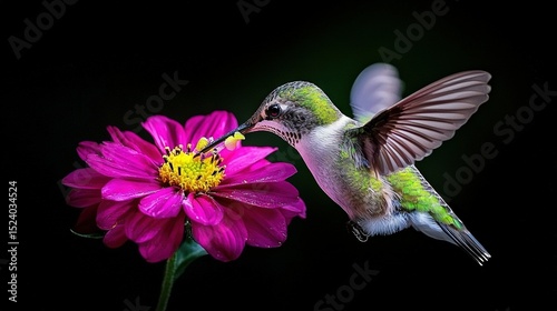   Hummingbird hovers over pink flower with spread wings; green and yellow flowers in foreground