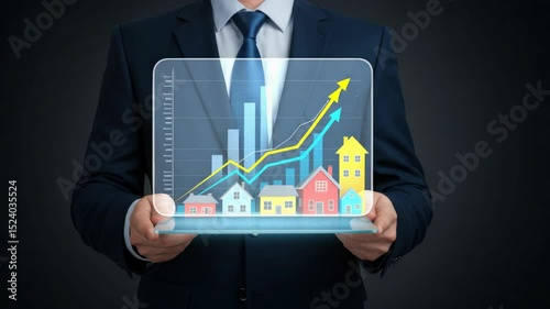 Businessperson holding a holographic display showing rising property values