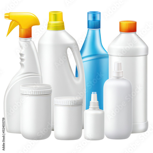 Various Cleaning Products in Bottles and Containers for Household Use, Including Sprays, Liquid Detergent, and Dispensers for Effective Cleaning Solutions