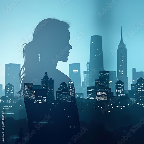 Woman Silhouette Merged with Cityscape at Dusk for Urban Concept