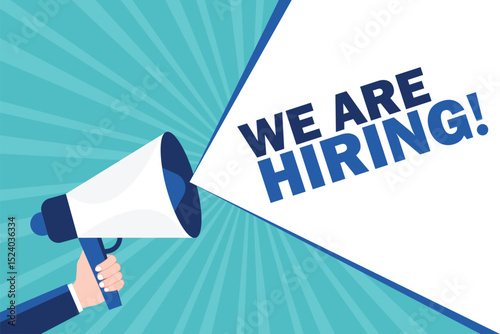 Hand holding megaphone with We Are Hiring! speech bubble