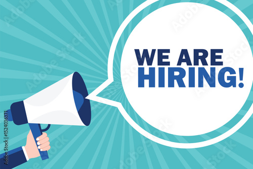 Hand holding megaphone with We Are Hiring! speech bubble