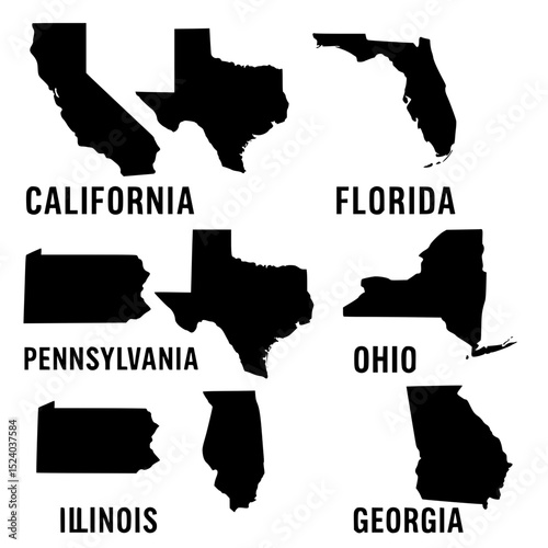 Silhouette maps of major us states