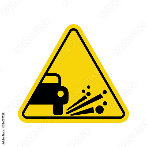 yellow triangular warning sign with car hitting road debris