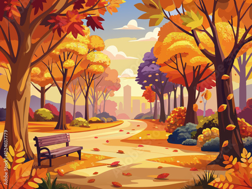 vector of Beautiful autumn landscape with. Colorful foliage in the park. Colorful Nature Wallpaper Colorful Falling Leaves Natural Autumn Background Orange and Yellow Leaf Tree.