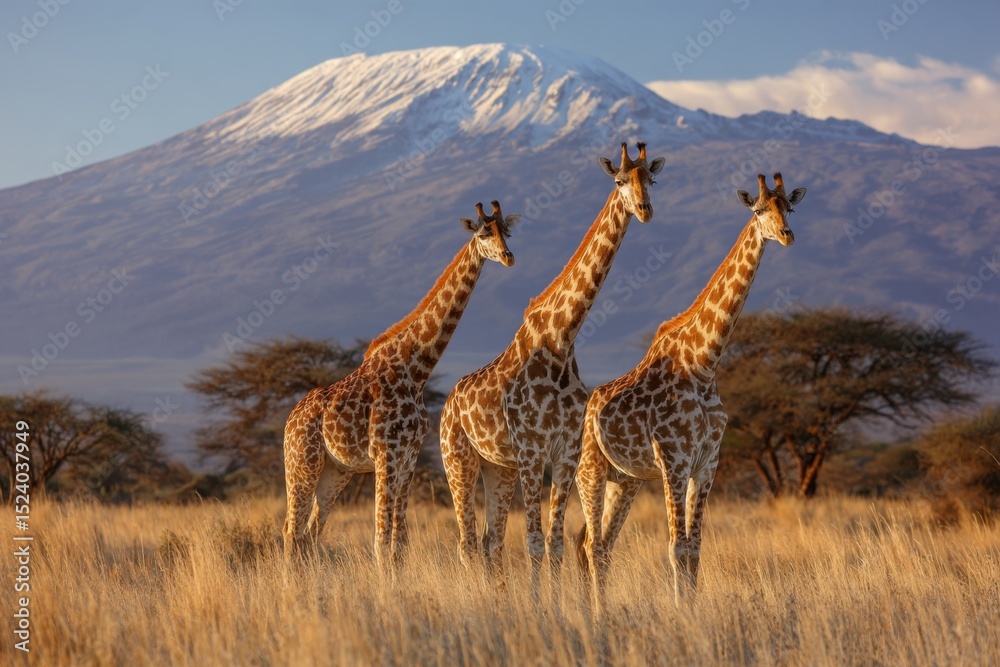 Fototapeta premium Giraffes in African Savannah with Mountain in the Background