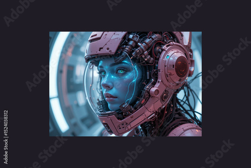 A holographic face of a female spirit appearing inside a broken android helmet, wires floating in zero gravity