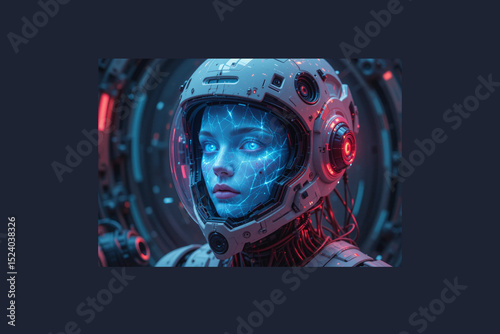 A holographic face of a female spirit appearing inside a broken android helmet, wires floating in zero gravity